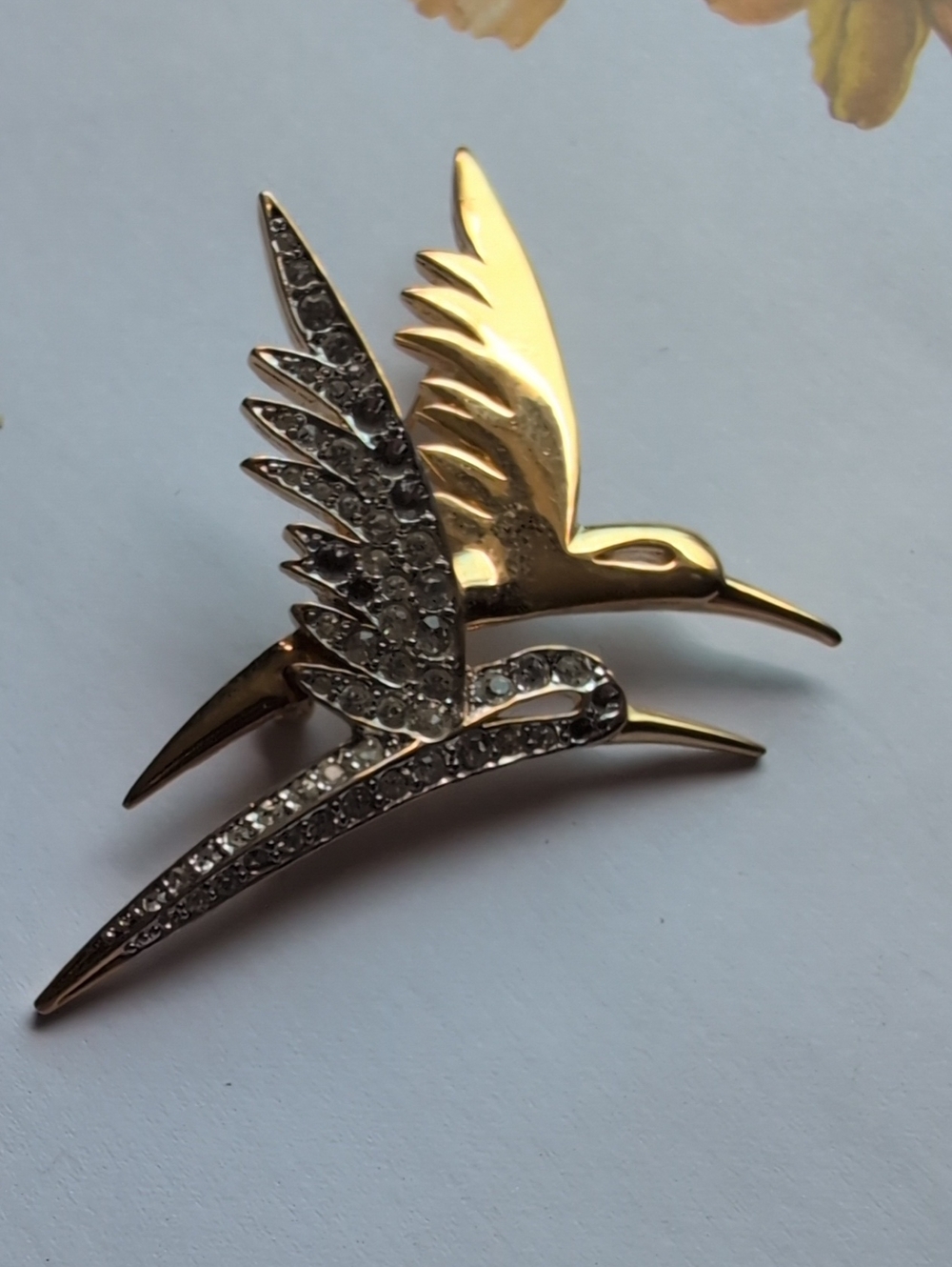 Vintage D'Orlan Dual Bird Brooch Pin Gold Tone Swarovski Rhinestone AS IS